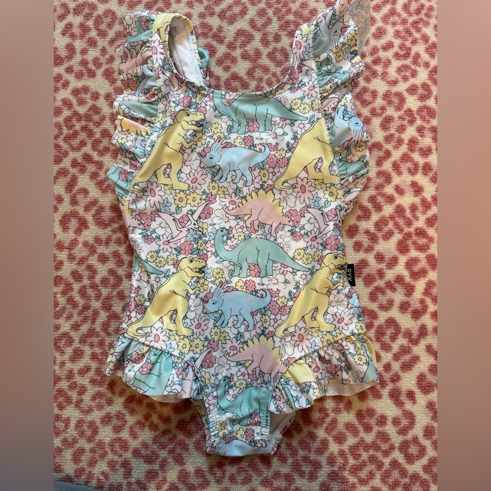 Dinosaur Print Ruffle Swimsuit - rock your kid size 3